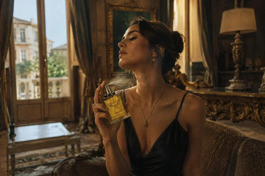 Donna elegante che si spruzza il profumo Impero di Le Cult 1944 all'interno di un salotto di una ricca casa patrizia romana