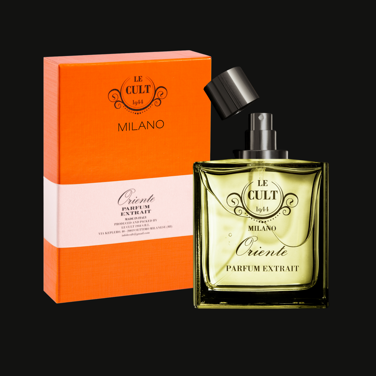Flacone e confezione Oriente Parfum Extrait Legnoso Agrumato — Le Cult 1944 Milano